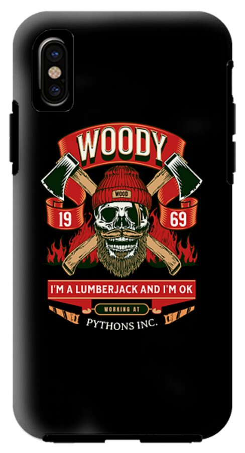 Black phone case with WOODY badge, crossed axes, skull lumberjack art and quote text.