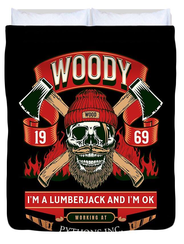 Duvet cover with black background, skull in red cap, crossed axes, red and green accents