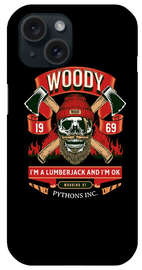 Black phone case with Woody wordmark and lumberjack skull, crossed axes graphic