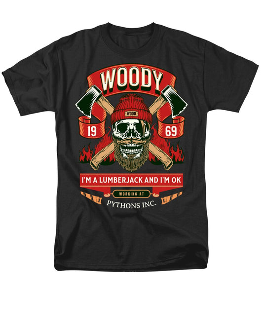 Black men’s t-shirt with large Woody lumberjack skull graphic on the front