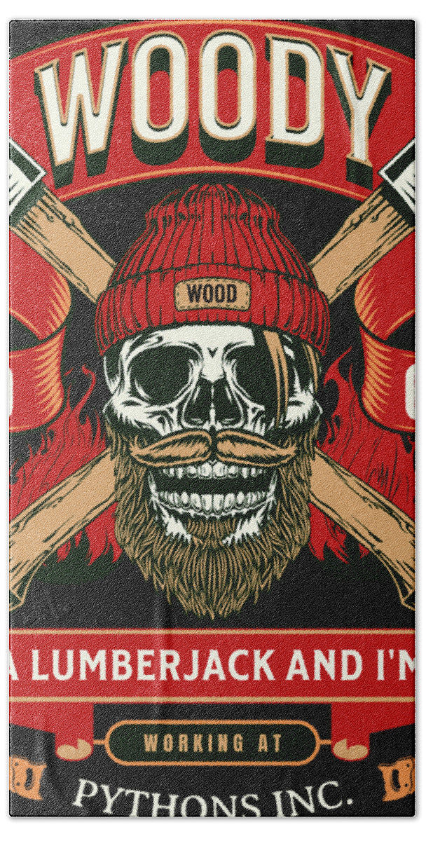 Bath towel with Woody lumberjack skull graphic and red, black, beige lettering.