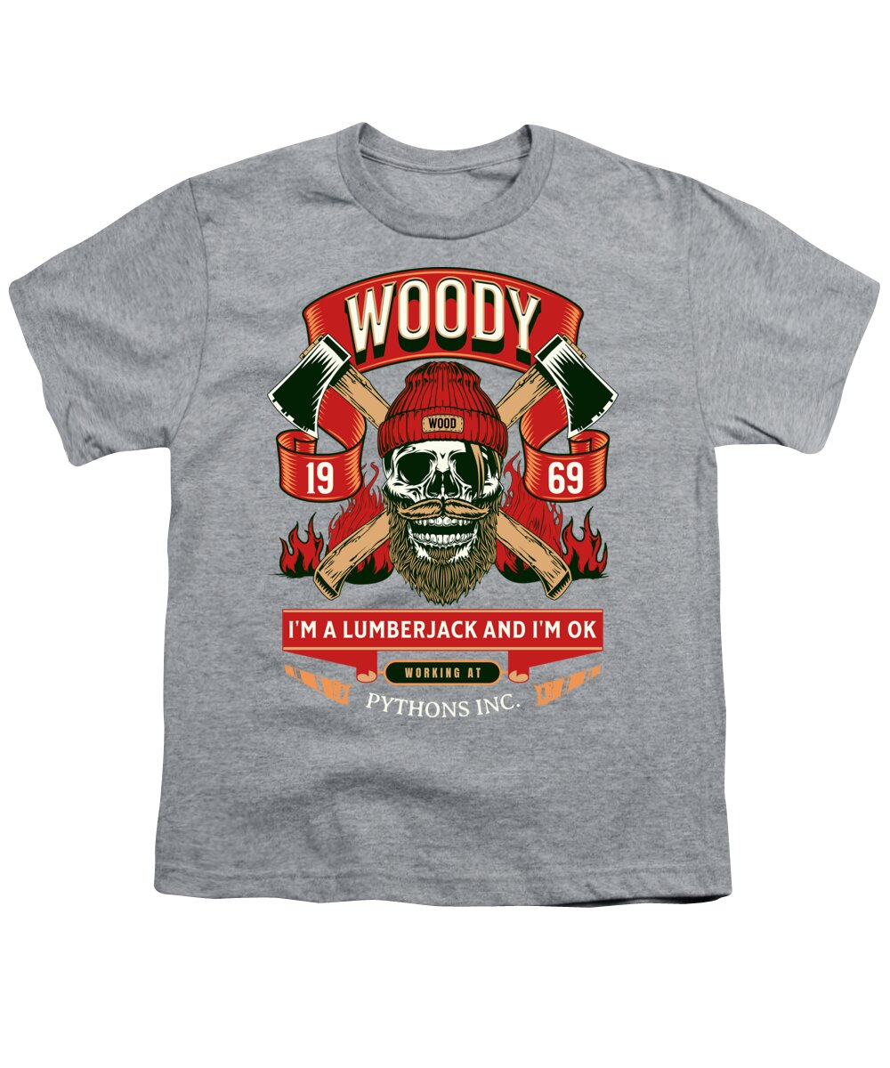 Youth heather gray T-shirt with “WOODY” lumberjack graphic and skull logo on front.