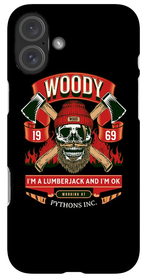 Black phone case with WOODY badge, crossed axes, skull lumberjack art and quote text.