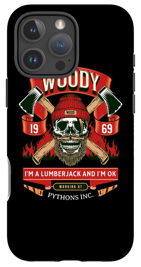 Black phone case featuring Woody lumberjack skull, red ribbon and fire accents