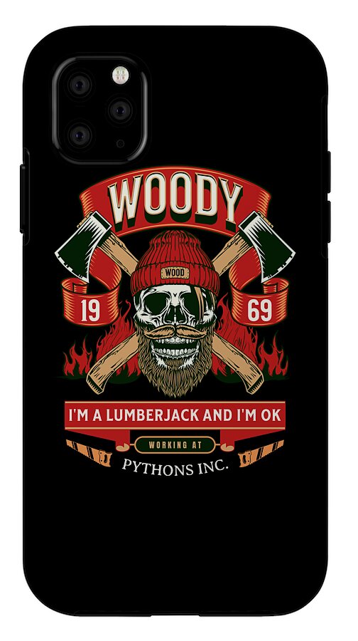Black phone case with Woody lumberjack skull, 'WORKING AT' label, and 'PYTHONS INC.'