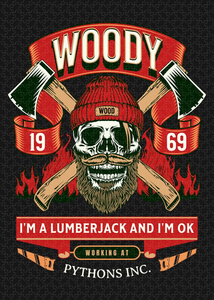 Jigsaw puzzle featuring lumberjack skull with green red headgear, crossed axes, and 'Pythons Inc.'