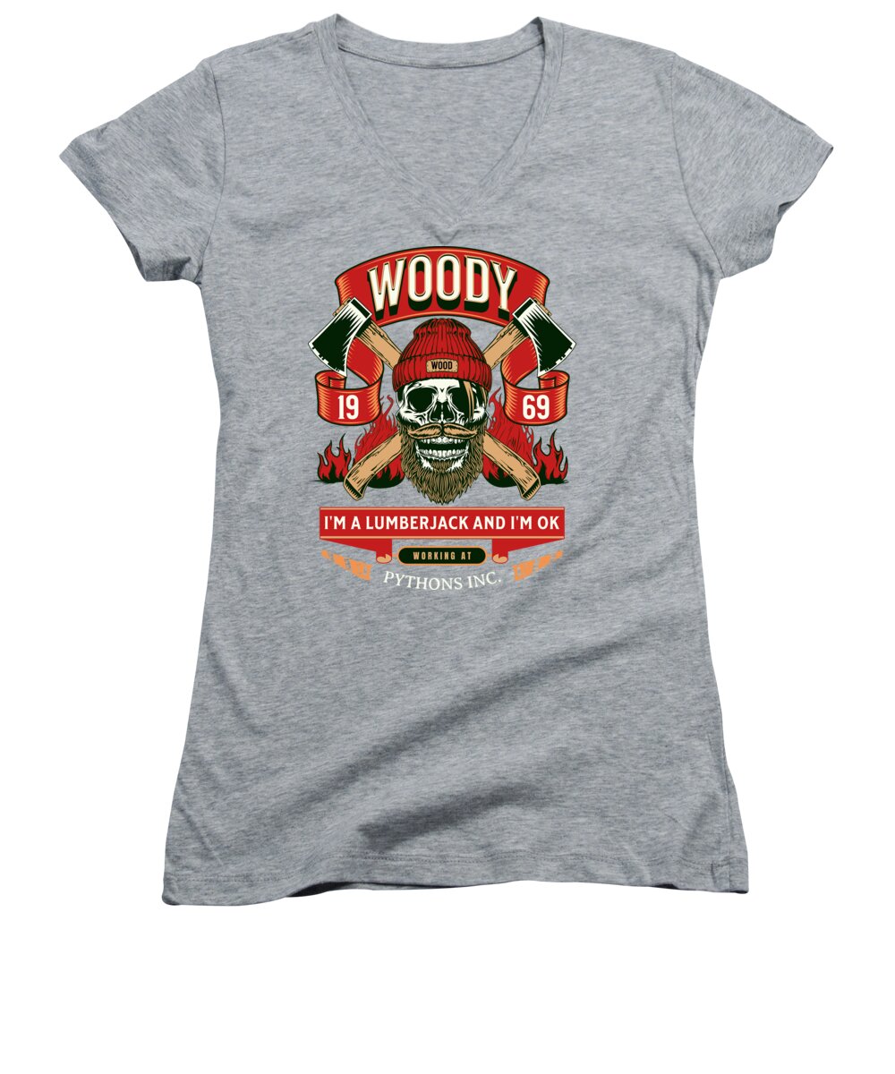 Women's heather gray V-neck T-shirt with colorful lumberjack logo graphic on front