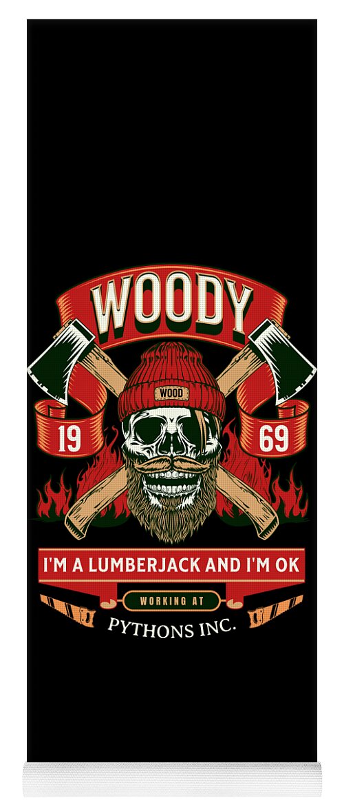 Yoga mat with Woody lumberjack graphic: skull, WOODY text, axes, red and green on black