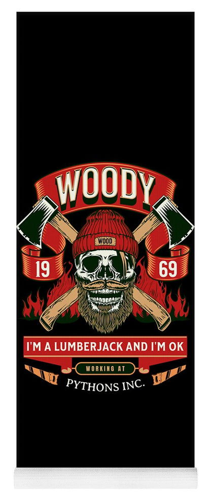 Yoga mat with Woody lumberjack graphic: skull, WOODY text, axes, red and green on black