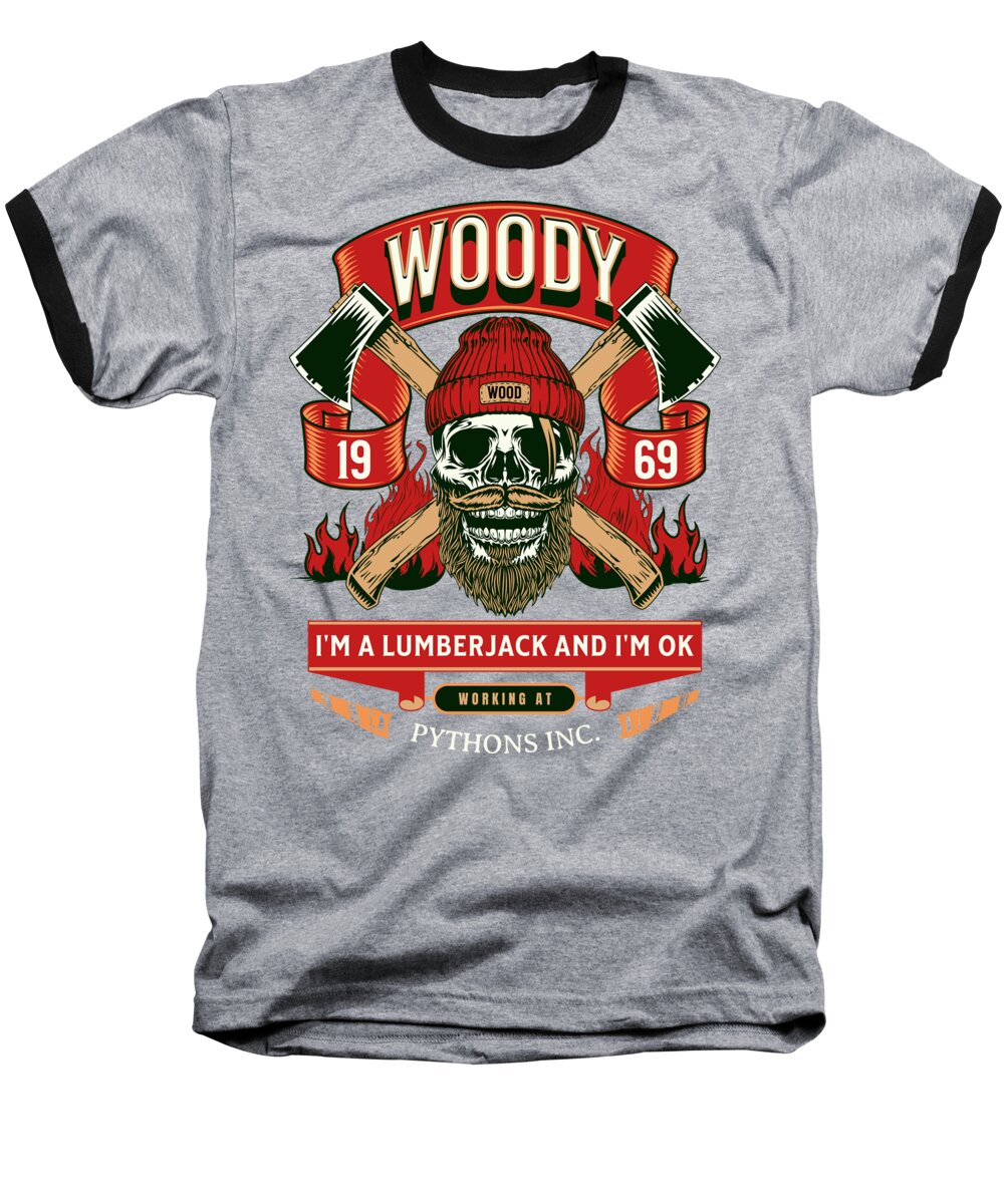 Baseball T-shirt in heather gray with black sleeves, front lumberjack graphic