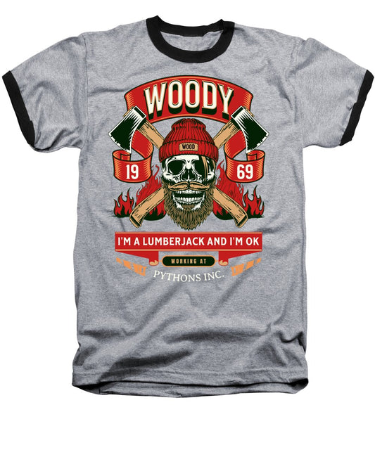 Baseball T-shirt in heather gray with black sleeves, front lumberjack graphic