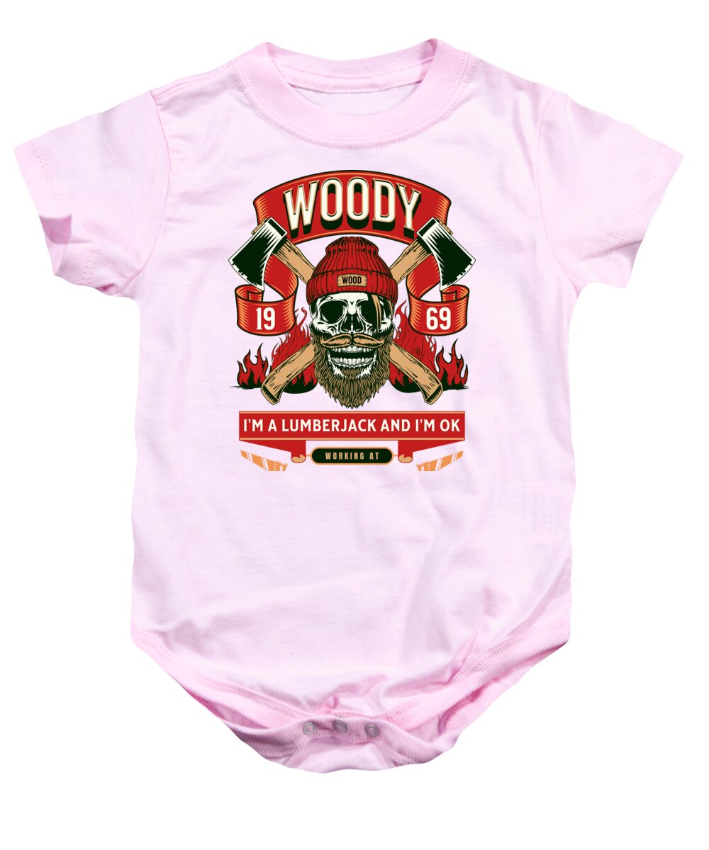 Light pink baby onesie with front lumberjack graphic and snap-button bottom opening