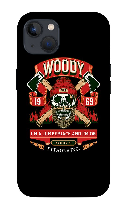 Black Woody phone case with skull, crossed axes, red flames, and banner text; camera lenses cut out