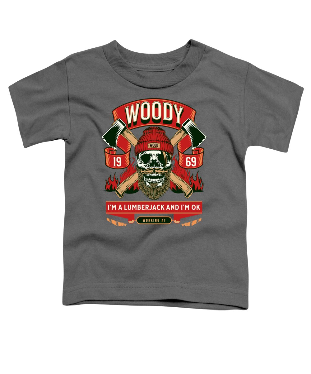 Toddler T-shirt in charcoal gray with front Woody lumberjack graphic and slogan text