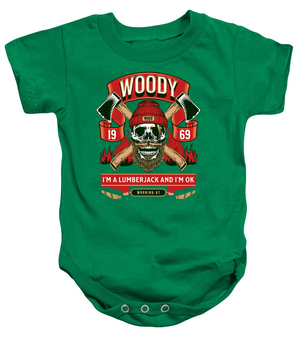 Green baby onesie with front lumberjack graphic and snap-button bottom opening
