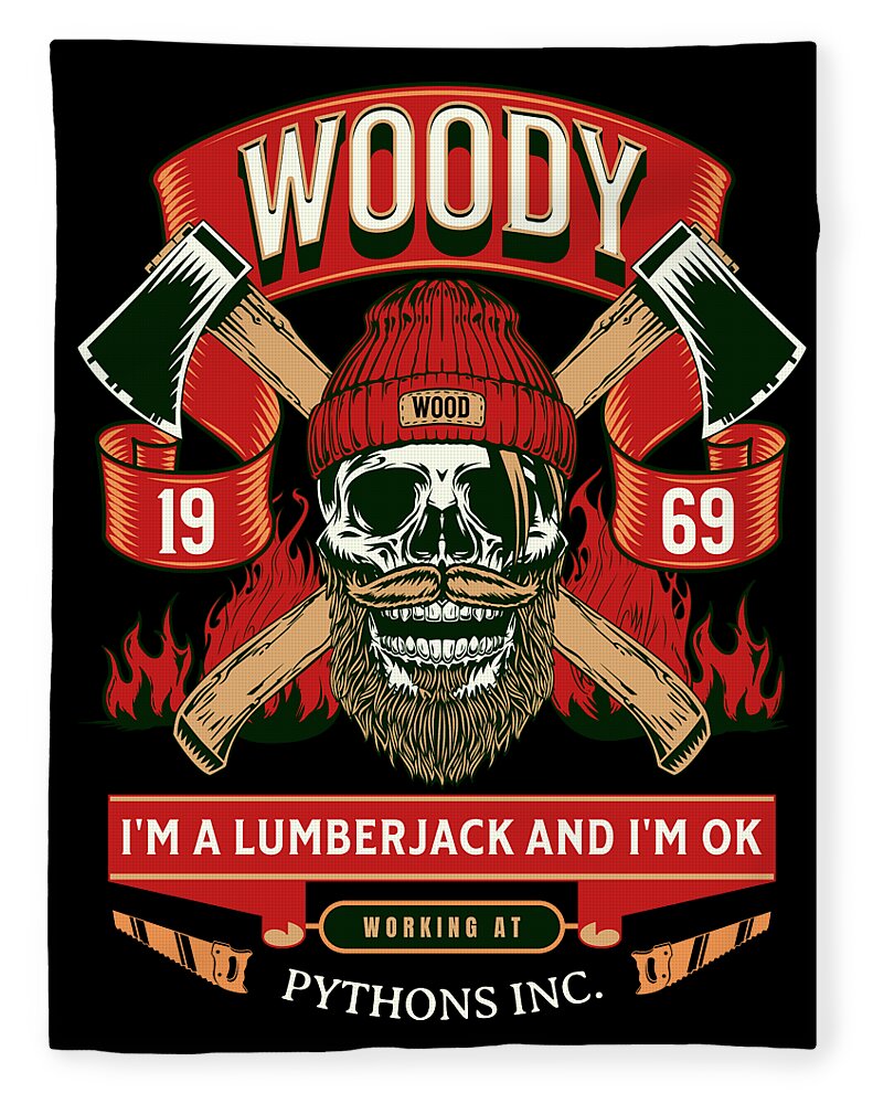 Printed blanket with 'Working at' ribbon and lumberjack skull face