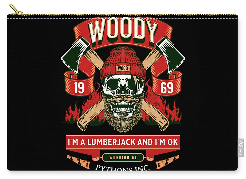 Black zip pouch with gold zipper pull and lumberjack skull graphic; text "I'm a lumberjack and I'm OK"