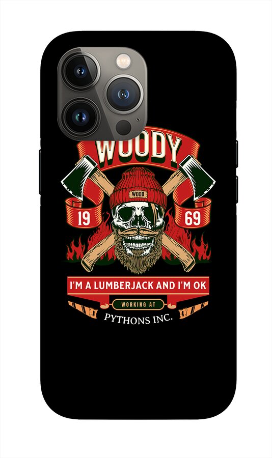 Black phone case with Woody skull graphic, crossed axes, flames, and numbers 19 and 69; top cutouts
