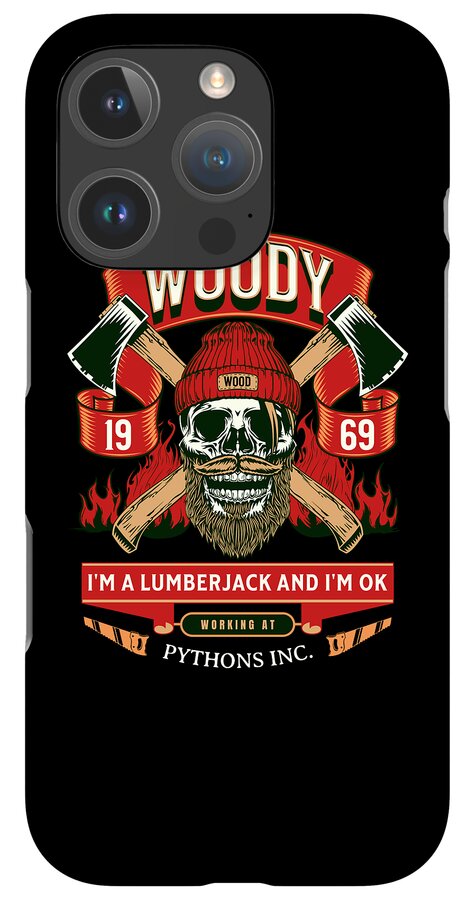 Black phone case with WOODY badge, crossed axes, skull lumberjack art; triple camera cutout.