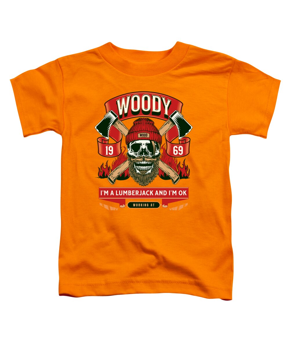 Toddler T-shirt in orange with front Woody lumberjack graphic and slogan text
