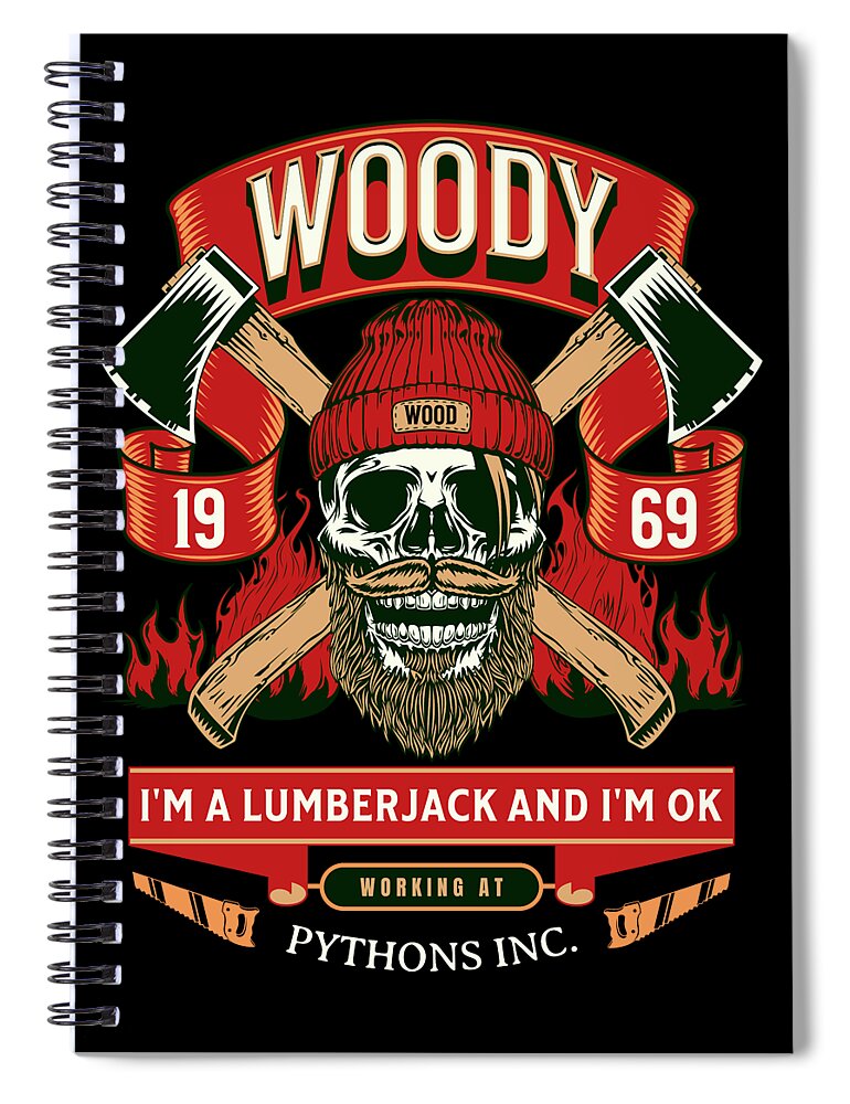 Spiral notebook, black cover with lumberjack skull graphic and left ring binding