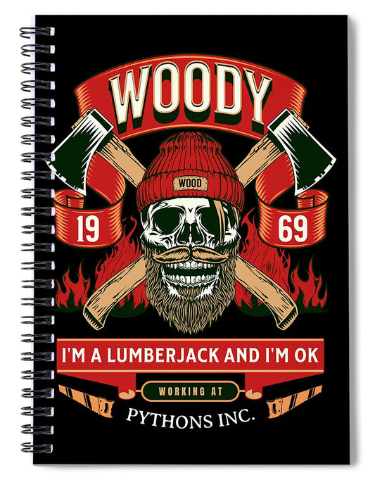 Spiral notebook, black cover with lumberjack skull graphic and left ring binding