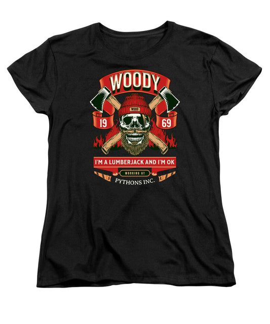 Women's black T-shirt with front Woody lumberjack graphic and emblem