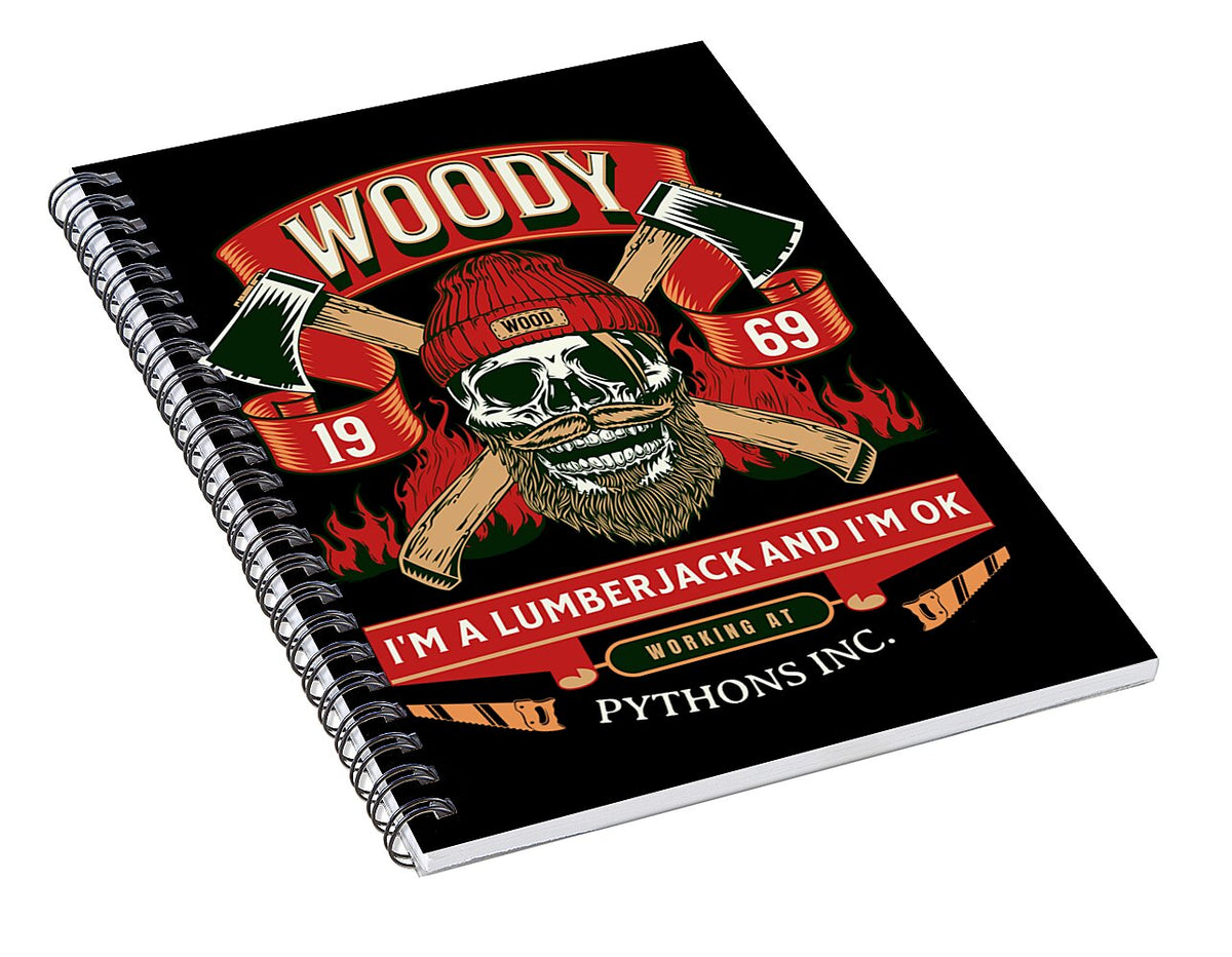 Spiral notebook, black cover with lumberjack skull graphic and spiral binding at edge