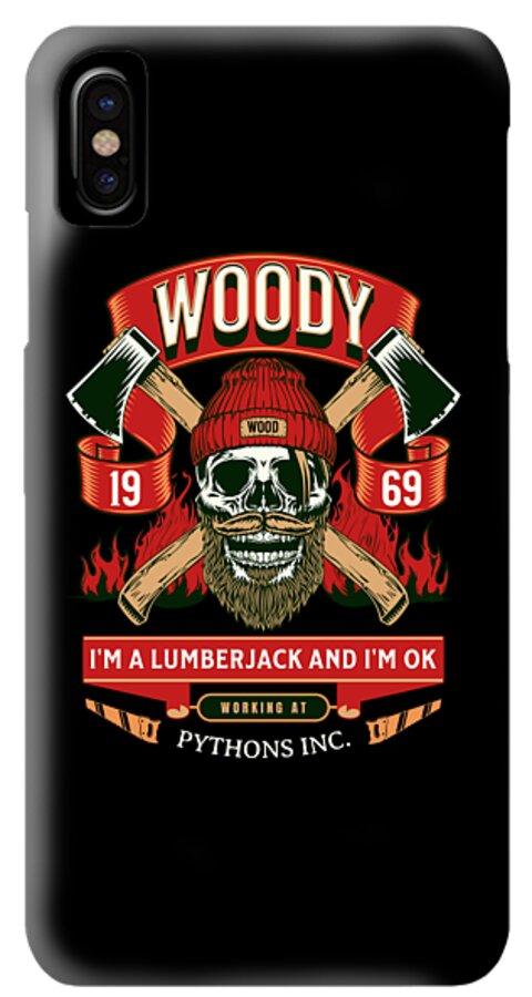 Black phone case with Woody lumberjack skull, 'WOODY' text, and axes graphic