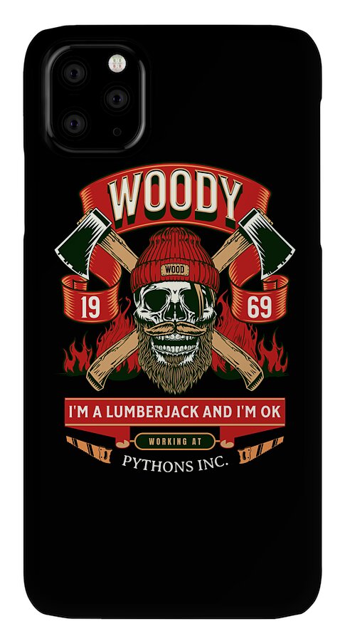 Black phone case with Woody lumberjack skull, cross-axe design, and 'WOODY' headline