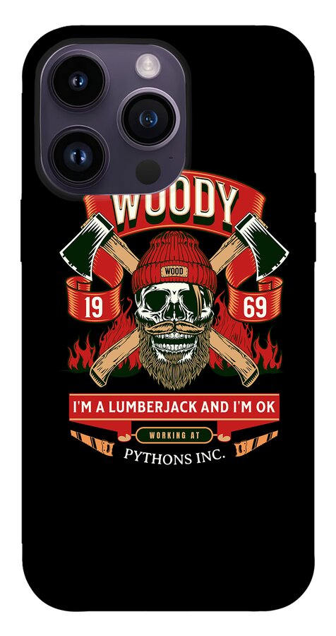 Woody the Lumberjack phone case, gray back with skull face, axes, and WOODY red ribbon.