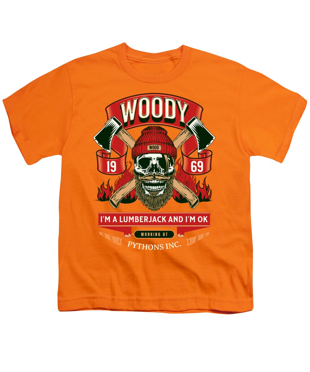 Orange youth t-shirt with front lumberjack graphic and 'Woody' text