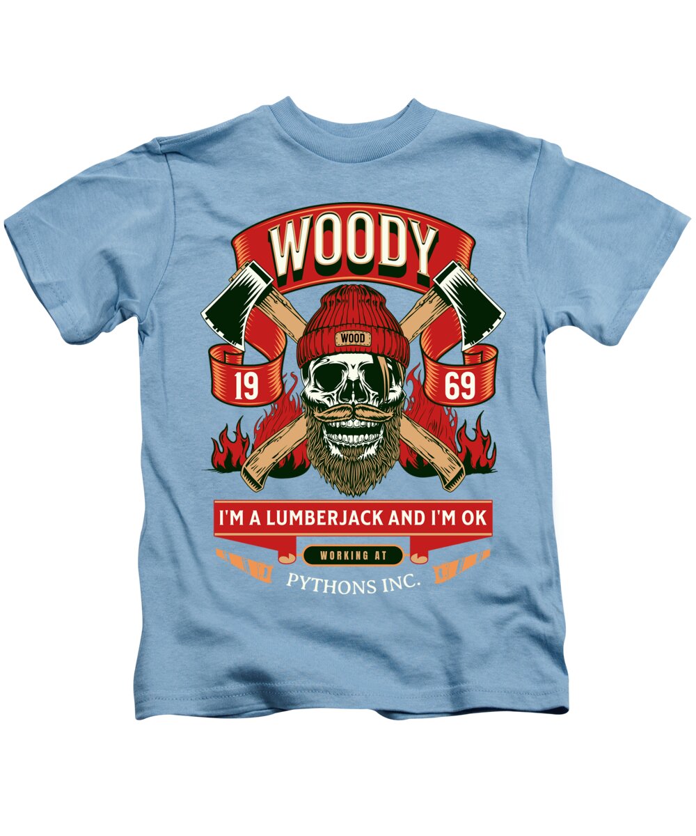 Kids light blue T-shirt with lumberjack skull graphic, flaming details, and badge text