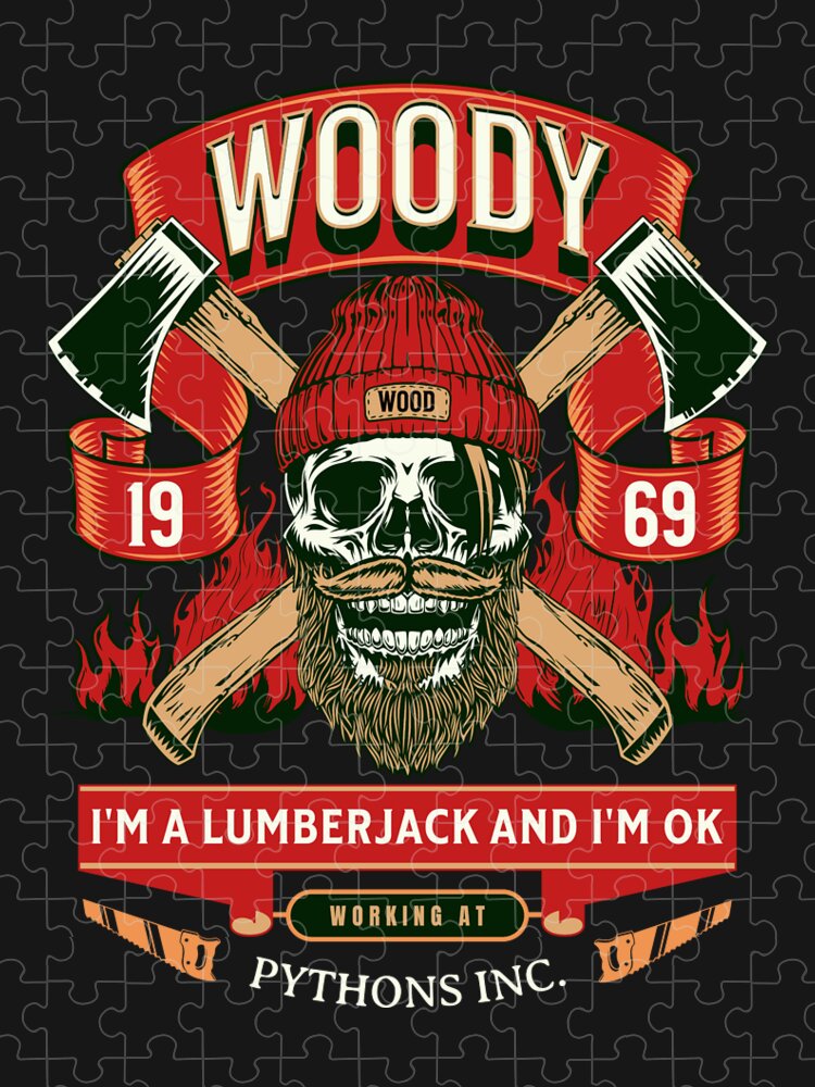 Jigsaw puzzle featuring lumberjack skull with axes, flames, and 'Woody' banner