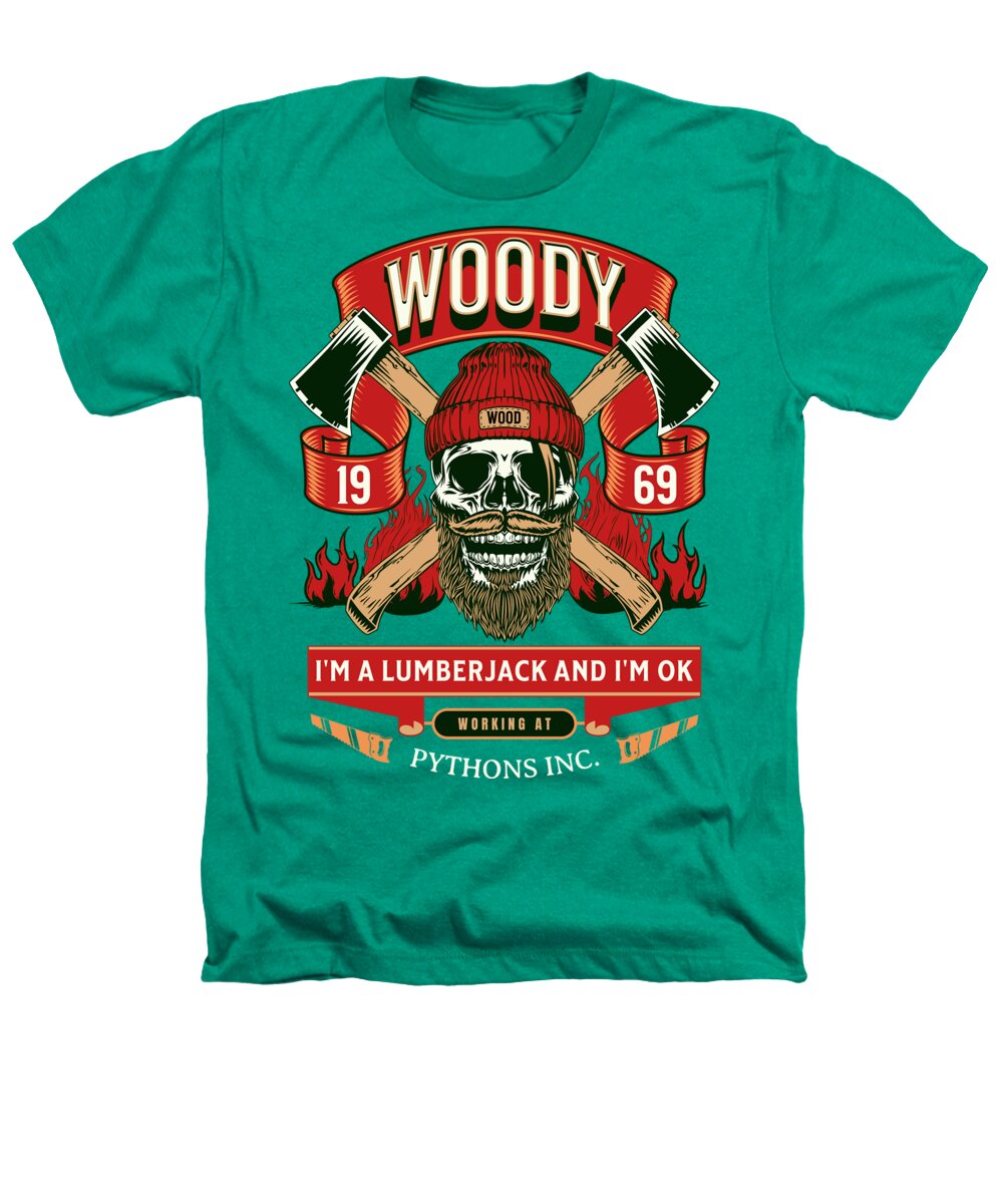 Heathers T-shirt, kelly green, front lumberjack skull graphic and slogan