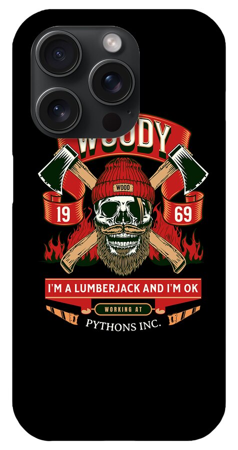 Black phone case with Woody lumberjack skull graphic, red and green crossed axe motif