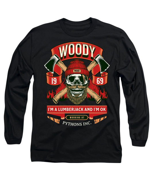 Black long sleeve t-shirt with Woody lumberjack graphic on the front