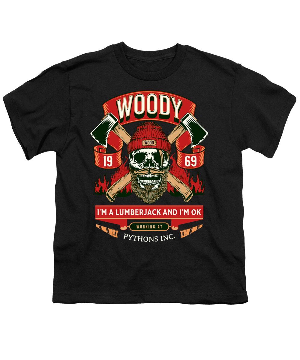 Youth black T-shirt with “WOODY” lumberjack graphic and skull logo on front.