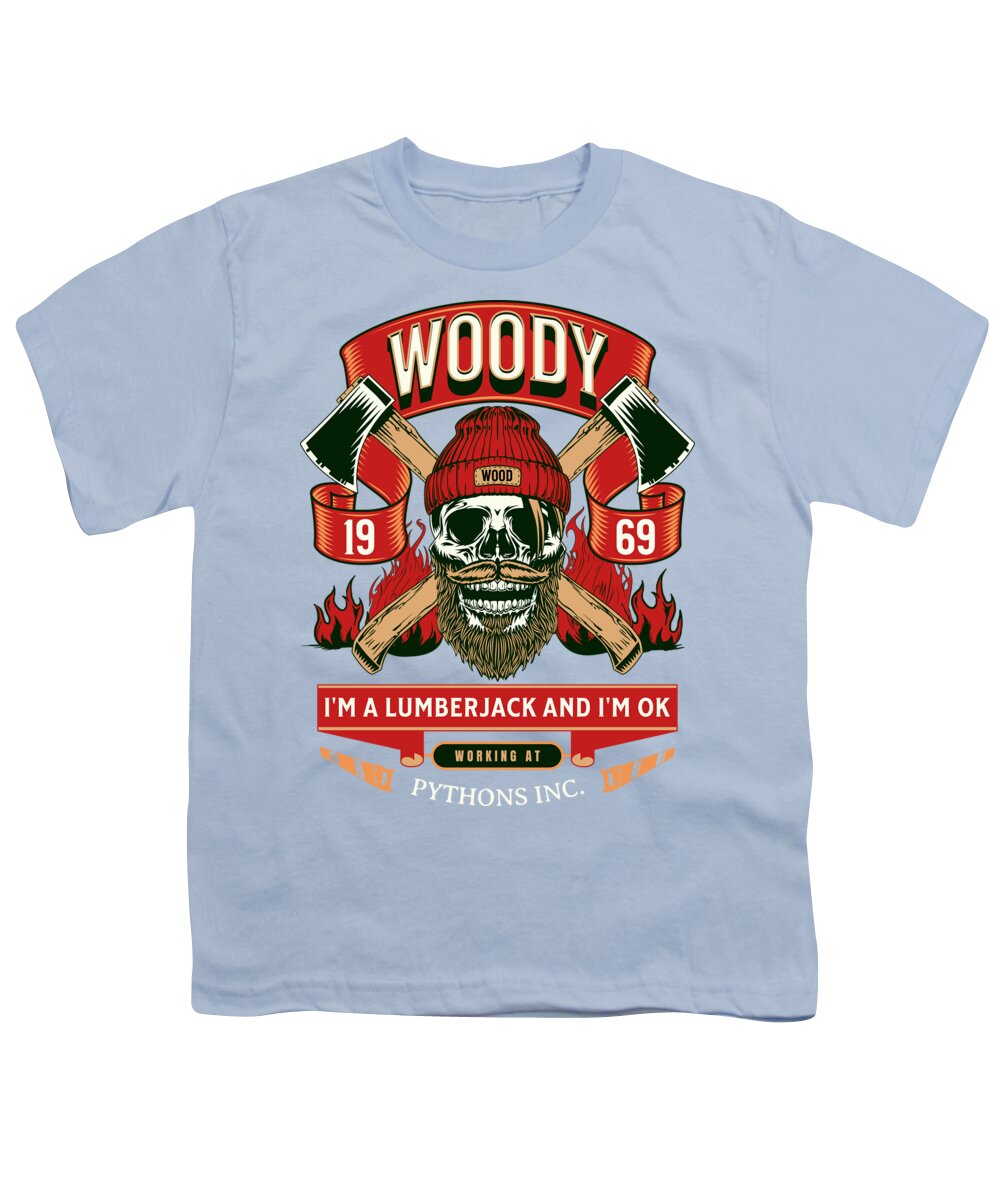 Light blue youth t-shirt with front lumberjack graphic and 'Woody' text