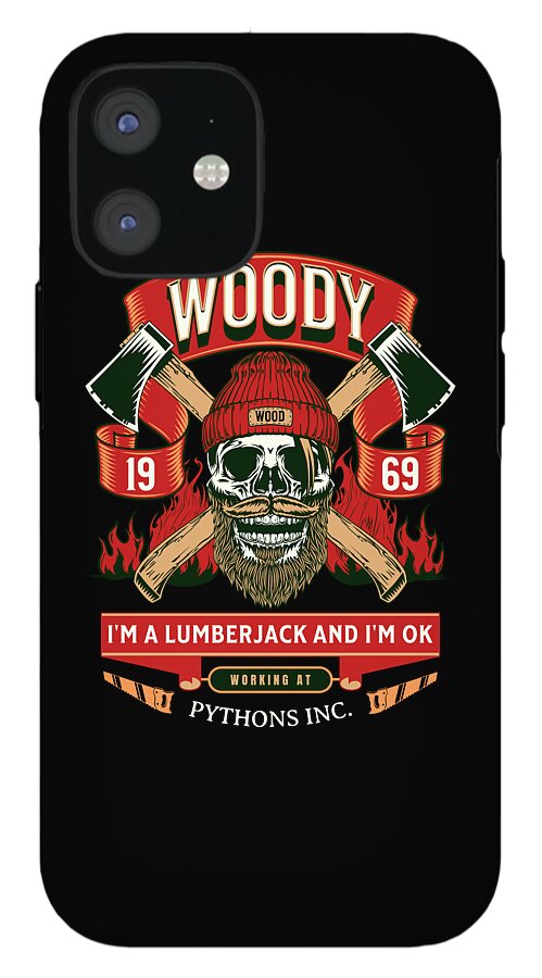 Black phone case with Woody lettering, skull and crossed axes with flames; banner text and camera cutouts