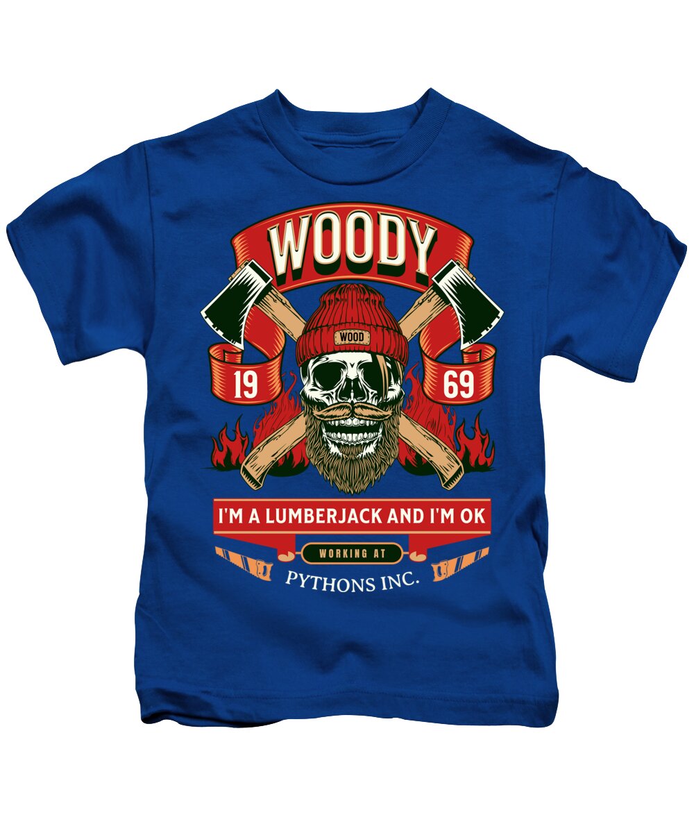 Kids T-shirt, blue with Woody lumberjack skull graphic front