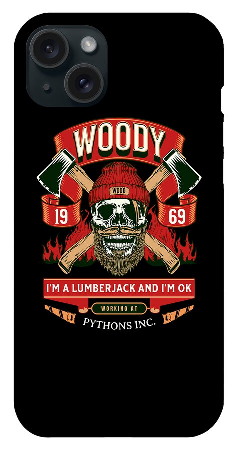 Black phone case with Woody lumberjack skull artwork, red banner and crossed axes