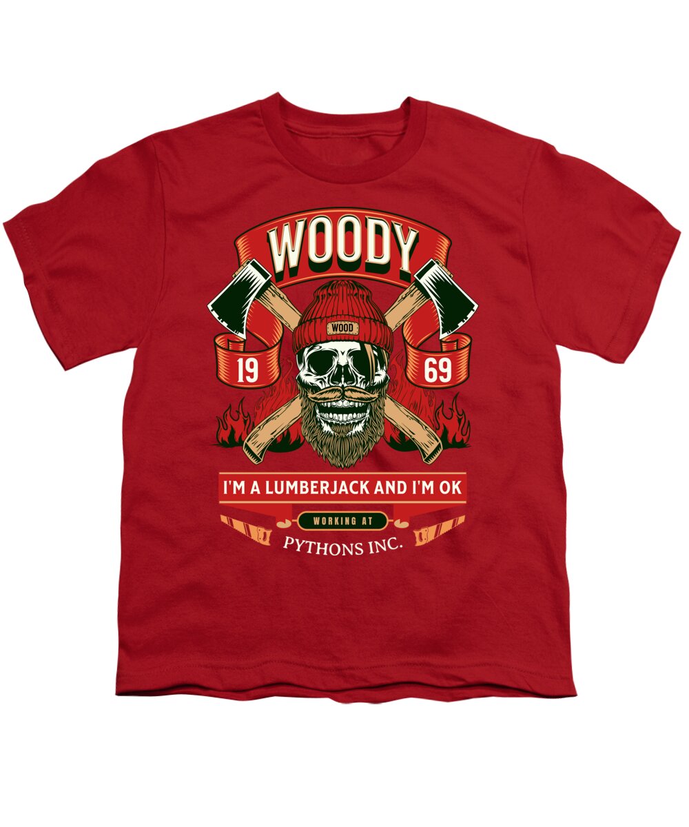 Red youth t-shirt with front lumberjack graphic and 'Woody' text