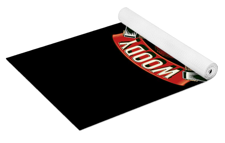 Yoga mat rolled up with Woody lumberjack graphic, black mat with white textured grip