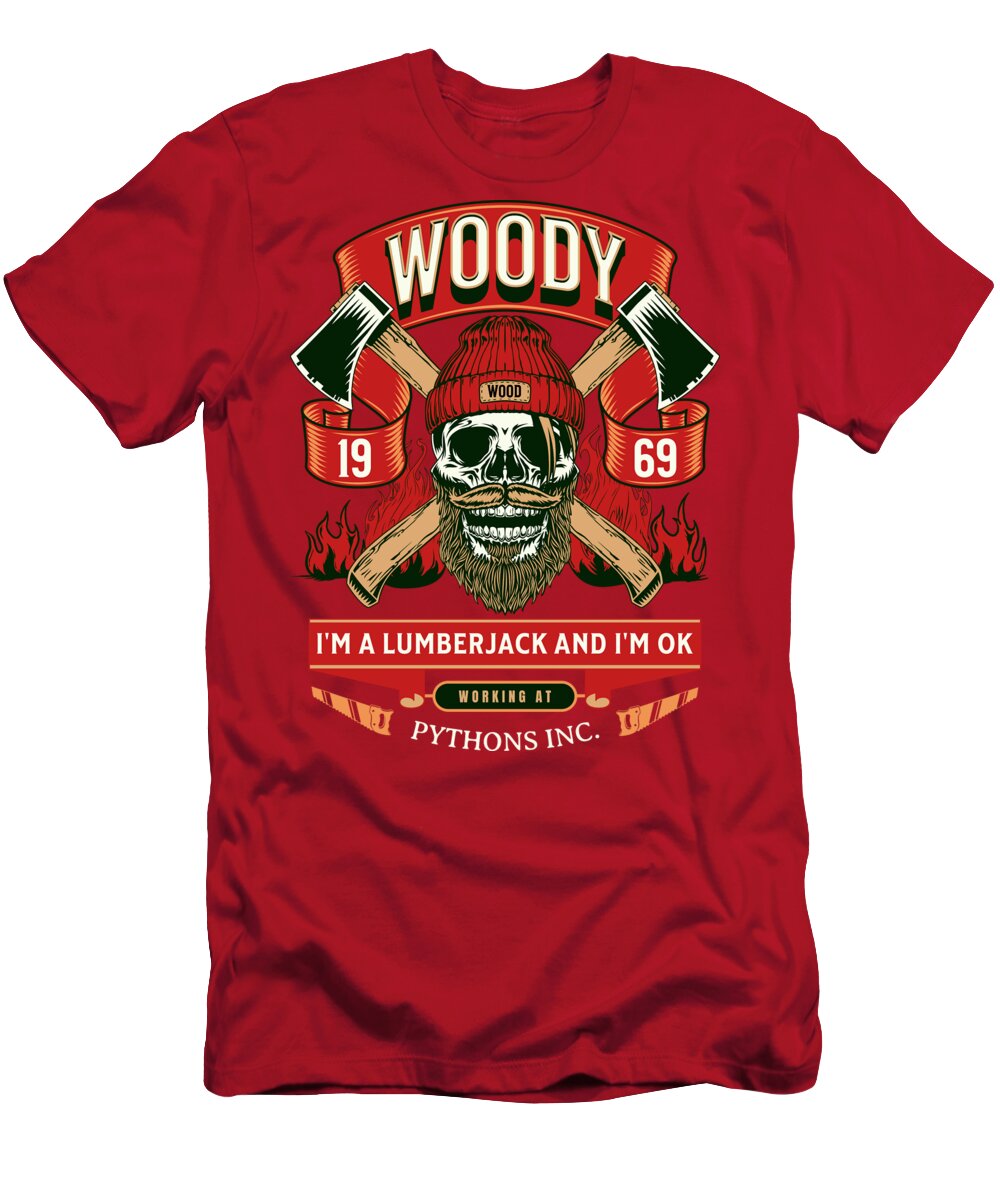 Red T-shirt with front Woody lumberjack graphic and slogan print