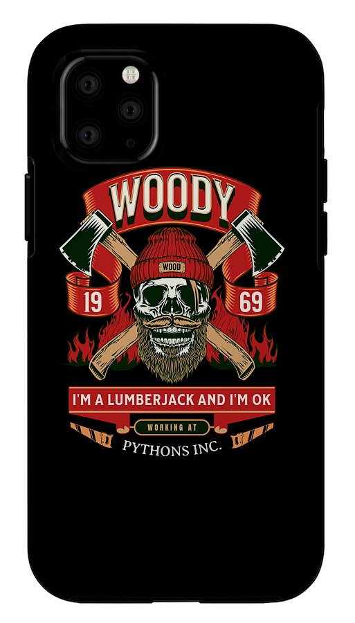Black phone case with Woody lumberjack skull, 'WORKING AT' badge, and axes
