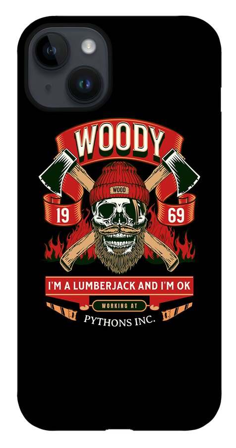 Woody the Lumberjack phone case, black back featuring skull and crossed axes with WOODY.
