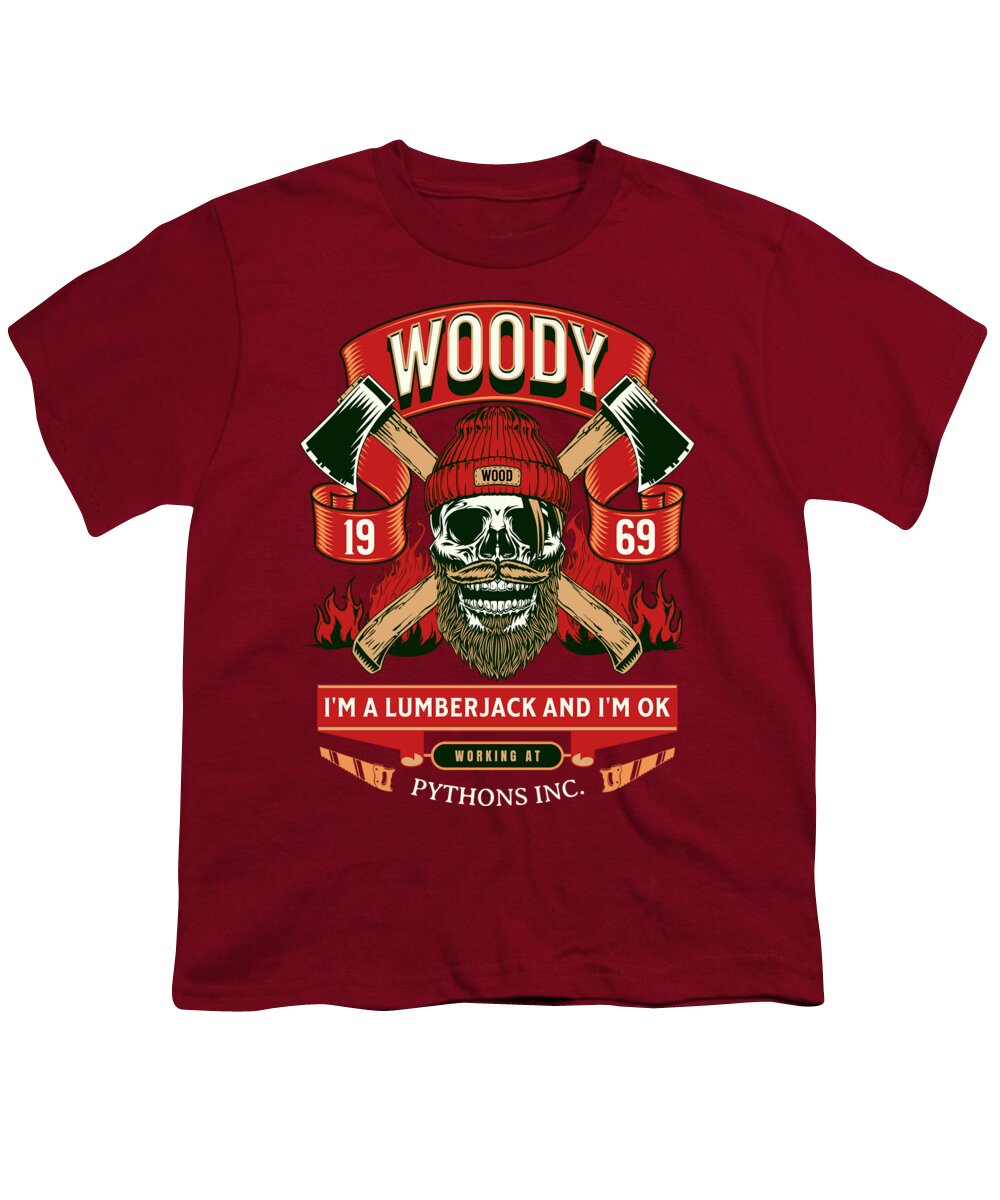 Youth red T-shirt with “WOODY” lumberjack graphic and skull logo on front.