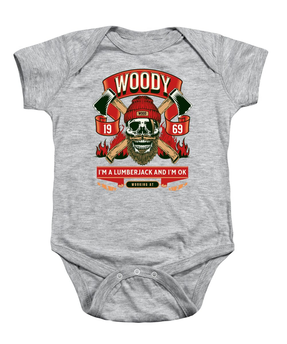 Light gray baby onesie with front lumberjack graphic and snap-button bottom opening