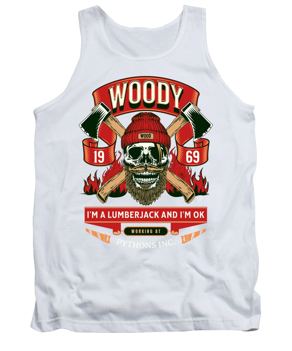 White tank top with lumberjack skull graphic and red flame lettering in front.